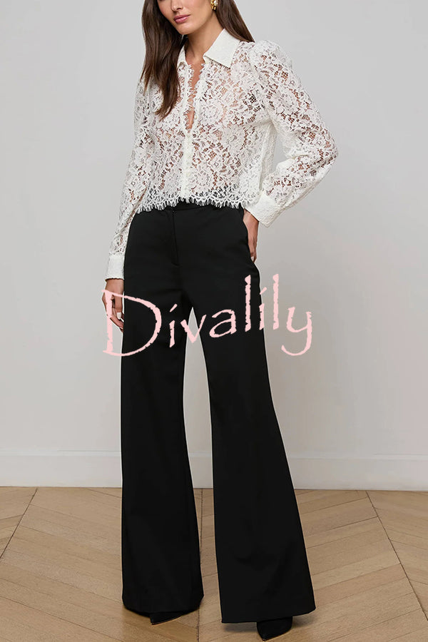 Paris Trends Floral Lace Puff Shoulder  Button Long Sleeve Blouse
