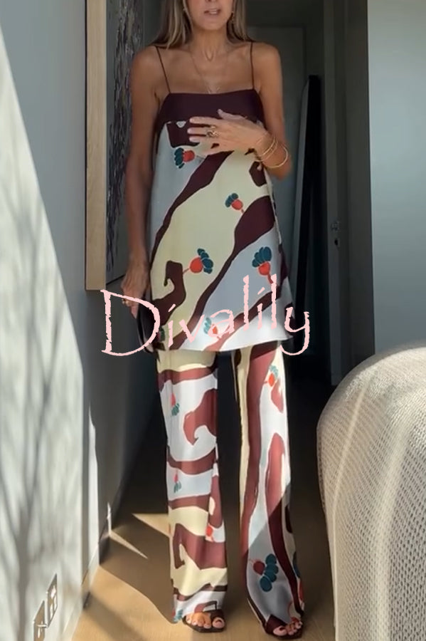 Loving Views Satin Unique Print a-line Tank and Elastic Waist Loose Pants Set