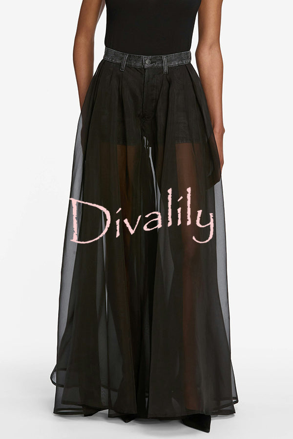 Avant-garde Fashion Denim Flowing Organza Patchwork Pocketed Wide Leg Jeans