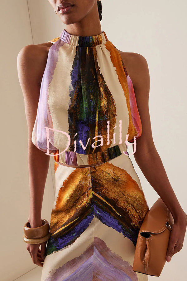 Unique Print Sleeveless Stretch Stand Collar Top and Elegant Maxi Skirt Set