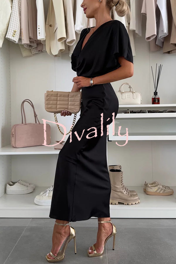 Satin Solid Color V-neck Cross Knot Slim Maxi Dress