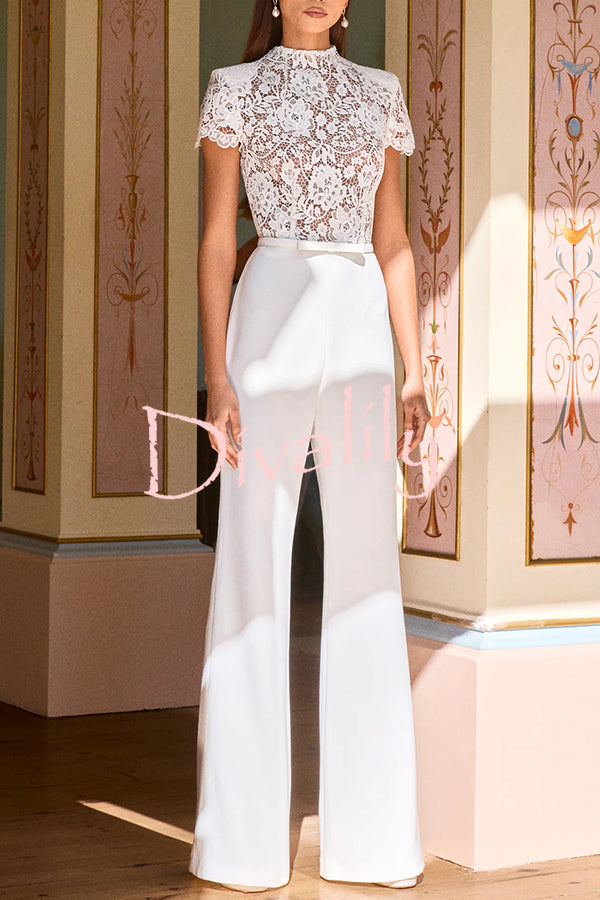 Party Charmer Flower Lace Patchwork Short Sleeve Bow Belted Flare Jumpsuit