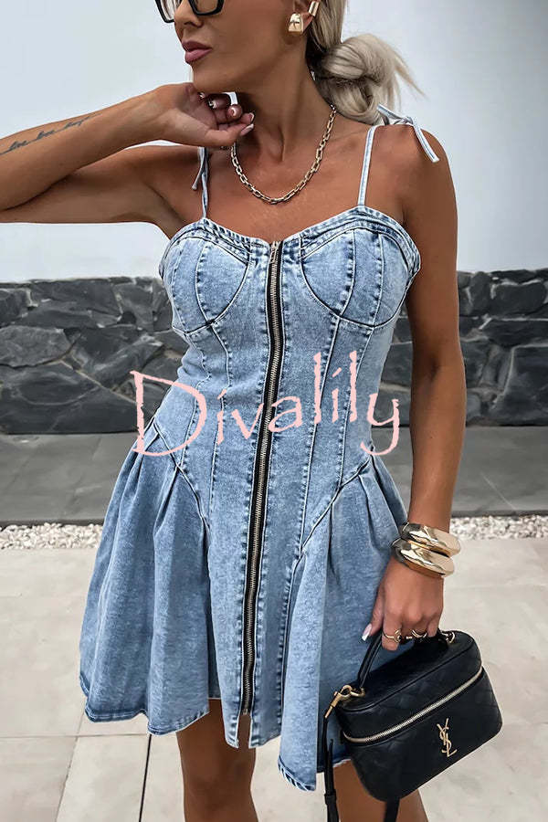 Fashionable Patchwork Suspender Zipper Slim Denim Mini Dress