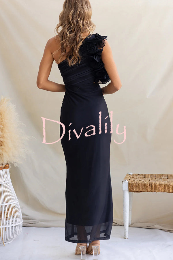 Floral Print One-shoulder Fitted Mesh Maxi Dress