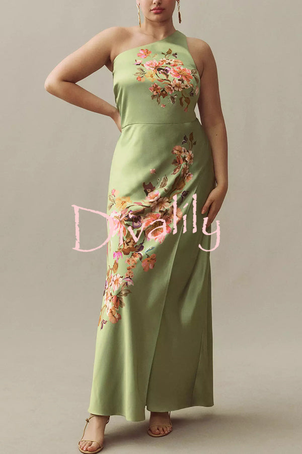 Wedding  Guest Satin Floral Print One Shoulder Side Slit Maxi Dress