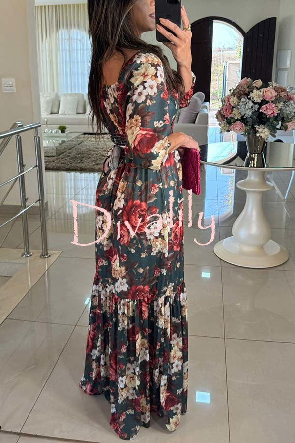 Raiene Floral Print Off Shoulder Tie-up Back Smocked Party Maxi Dress