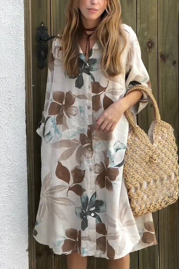 Botanical Print Long-sleeve Pocketed Single-breasted Loose Shirt Style Midi Dress