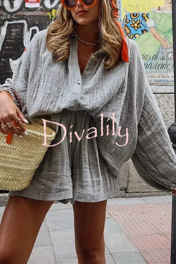 Solid Color Lapel Long Sleeve Loose Shirt and Elastic Waist Casual Pocket Shorts Set