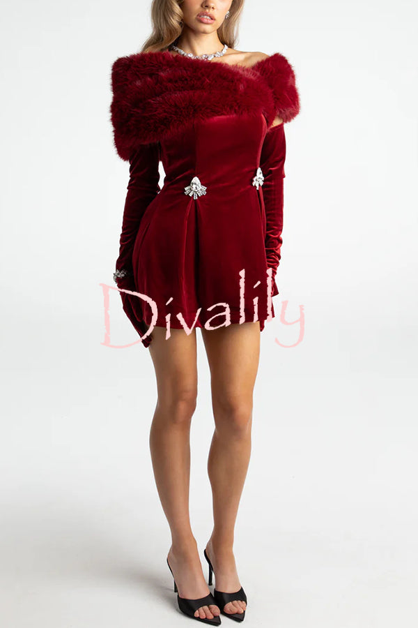 Luxury Chic Velvet Removable Faux Fur Collar Shiny Buckles Mini Dress