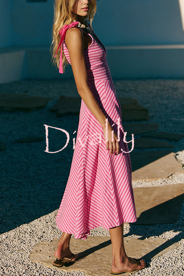 Striped Print V-Neck Lace-Up Backless Holiday Midi Dress