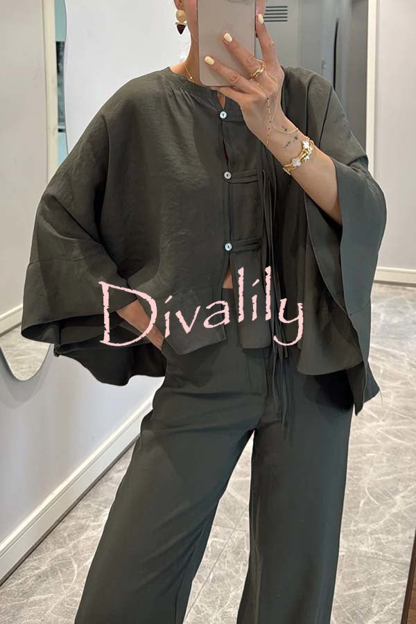 Ellie Tie-button Batwing Sleeve Loose Top and High Rise Pocket  Wide Leg Pants Set