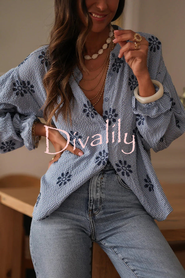 Fashionable Embroidered Floral Casual Long-Sleeved Loose Top