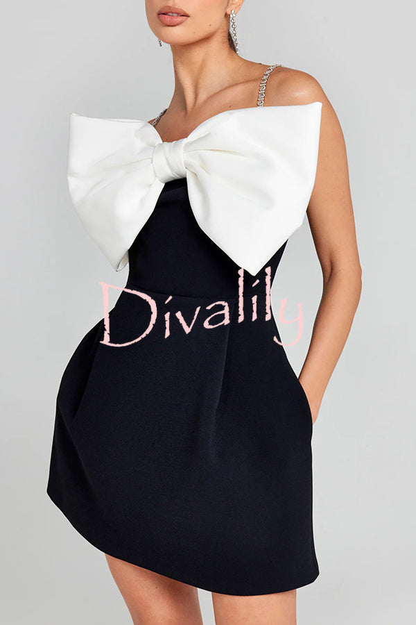 Eye-catching Satin Bow Applique Diamond Strap Contrast Pocketed Mini Dress