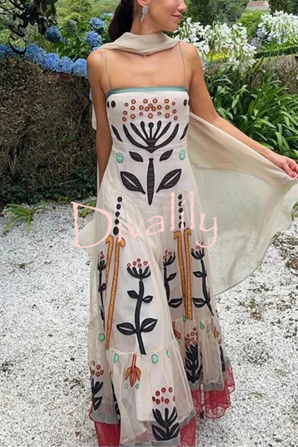 Botanical Print Chiffon Sling Backless Resort Maxi Dress