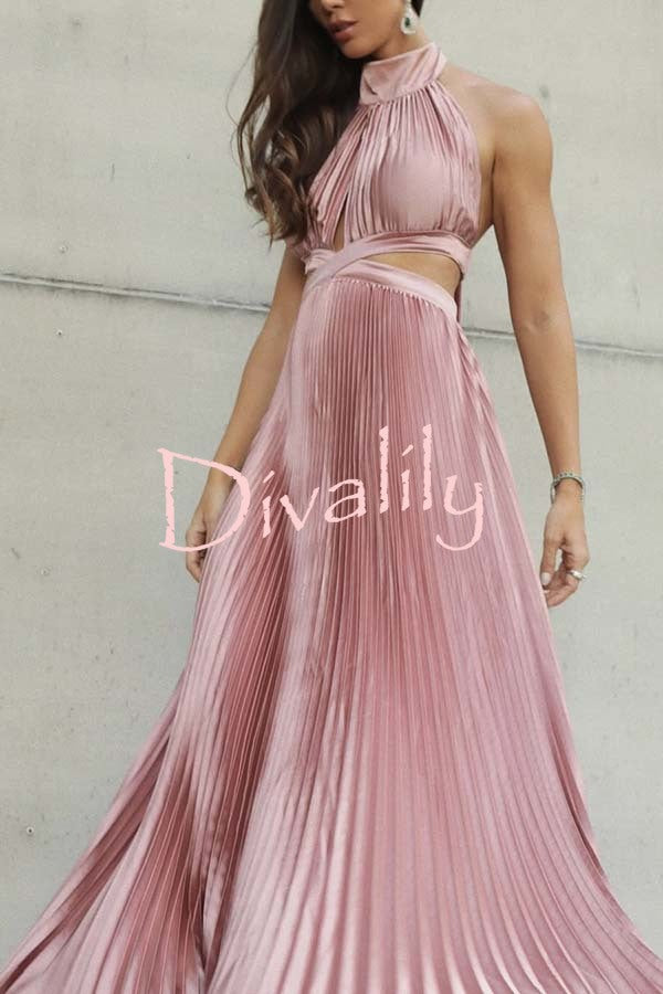 Stunning Choice Satin Pleated Halter High Neck Cutout Waist Backless Maxi Dress