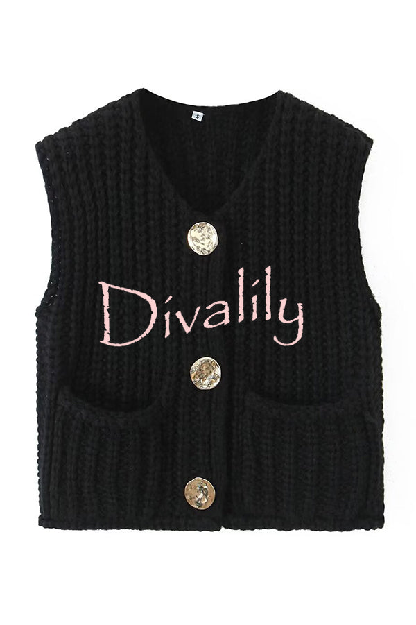 Solid Color Sleeveless Pocket Knitted Vest