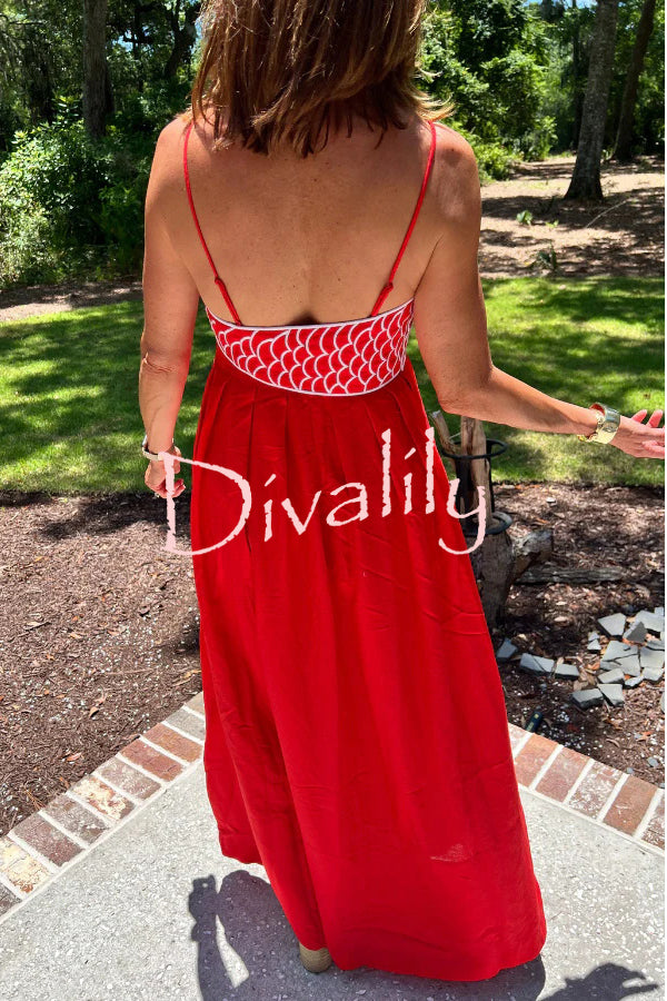 Red Fish Embroidered Sling Backless Maxi Dress