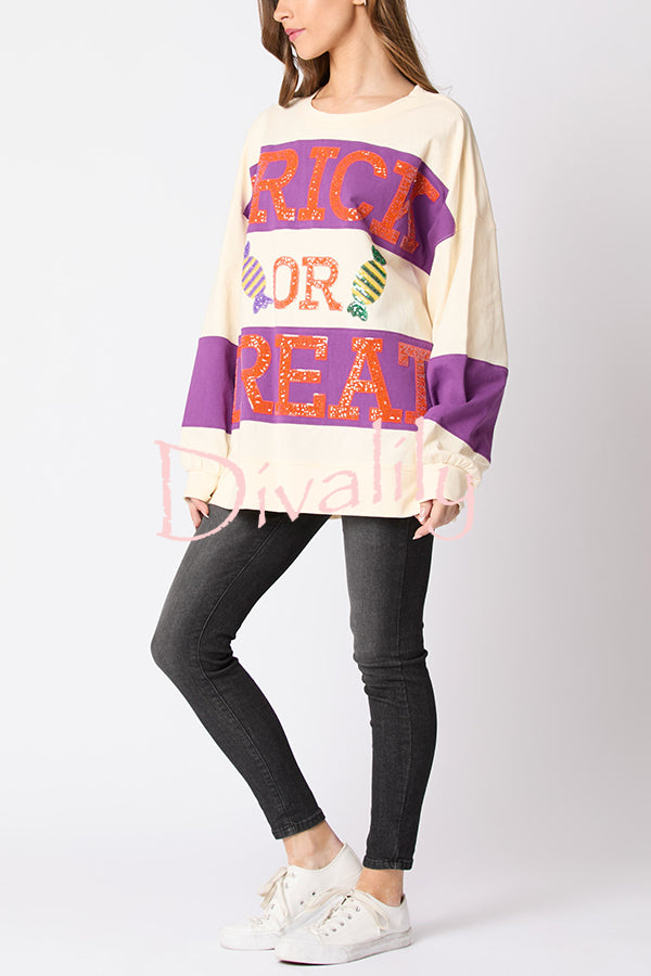 Halloween Letter Sequined Color Block Loose Casual Sweatshirt