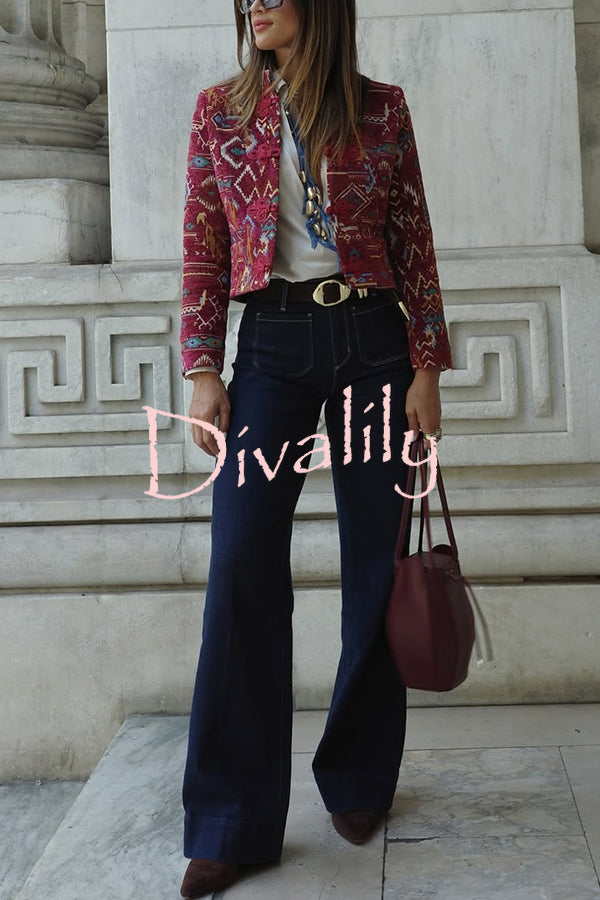Vintage Bohemian Printed Chinese Style Buttons Long Sleeve Crop Jacket