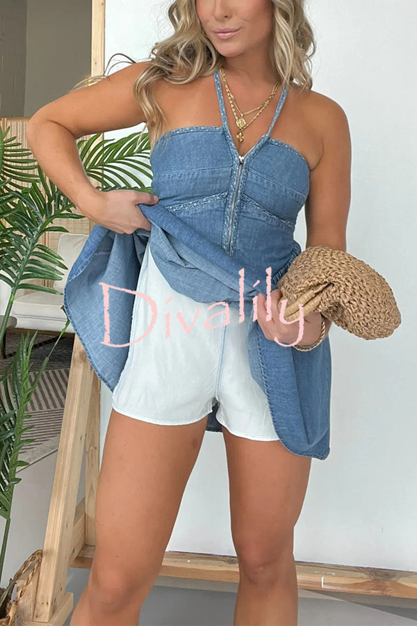 Sexy Halter Neck Backless Front Zip Denim Mini Dress