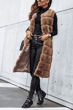 Solid Color Fur Round Neck Sleeveless Midi Vest Jacket