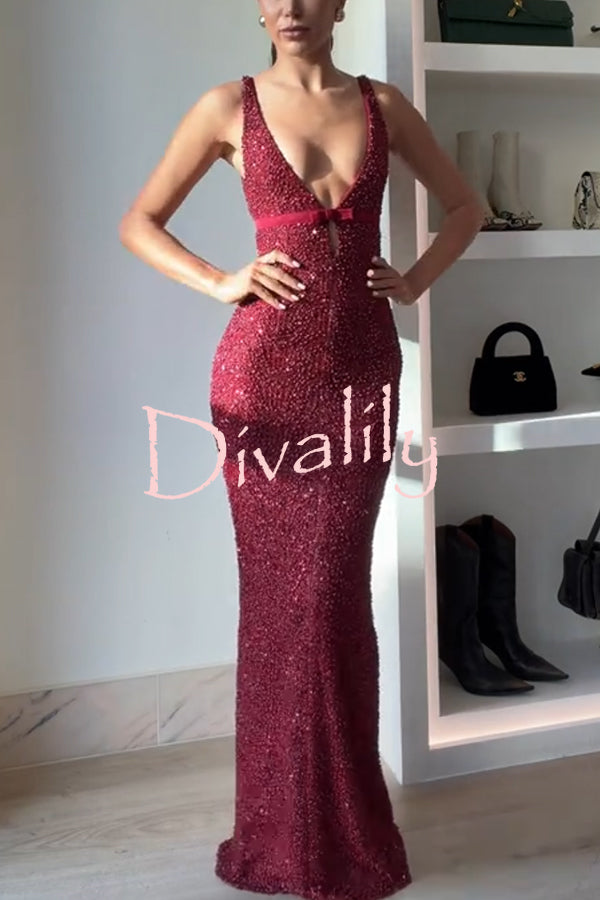 Festival Shines Sequin Beaded Mesh Bow Cutout Detail Slit Maxi Dress