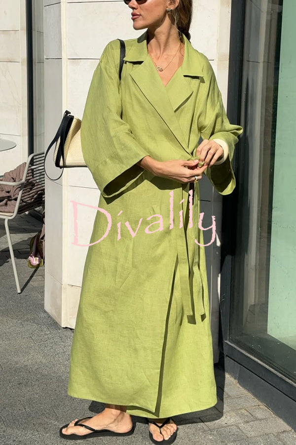 Linen Blend Solid Color Casual Lapel Tie Loose Maxi Dress