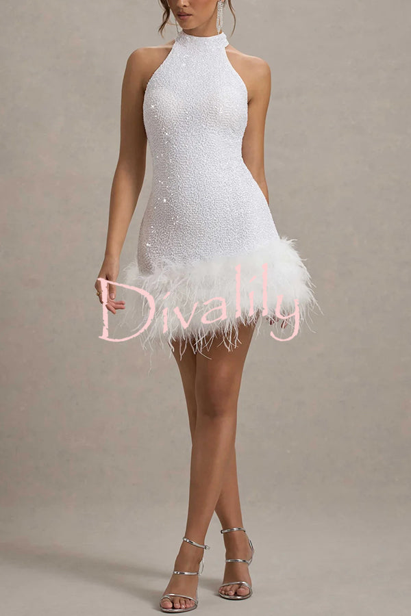 Dazzling and Playful Sequin High Neck Feather Trim Stretch Mini Dress