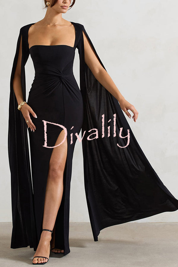 Elegant Goddess Square Neck Twisted Cape Sleeve Slit Maxi Dress