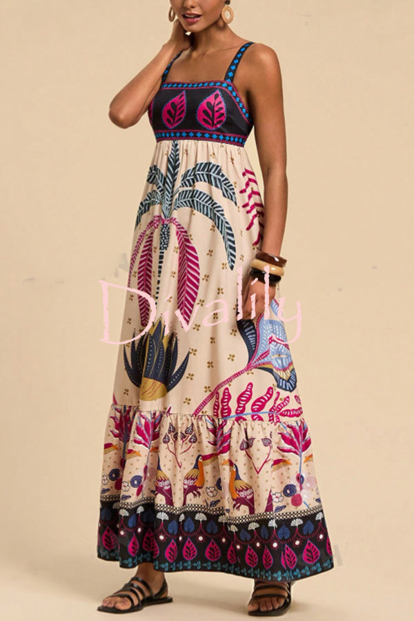 Bohemian Tropical Print Backless Casual Resort Maxi Dress