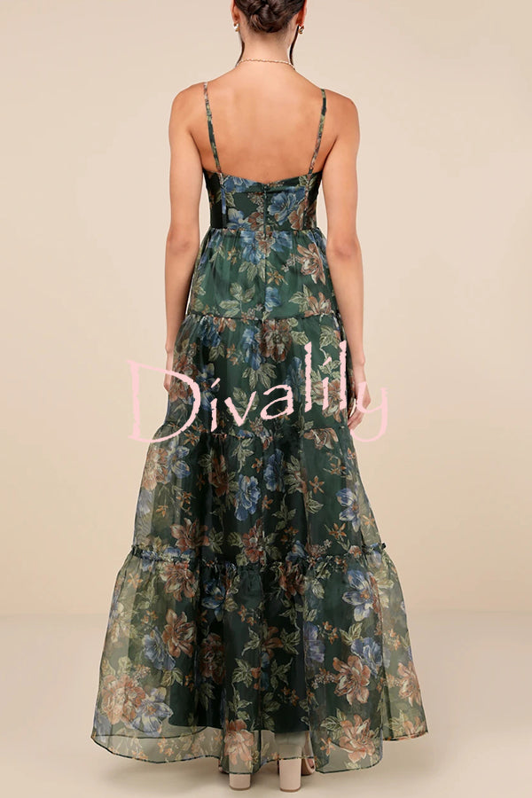 Exclusive Glamour Organza Floral Print Tiered Slip Maxi Dress