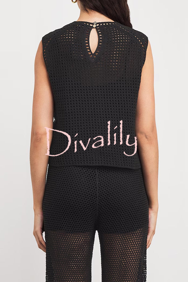 Fashionable Embroidered Hollow Crochet Sleeveless Round Neck Knitted Vest