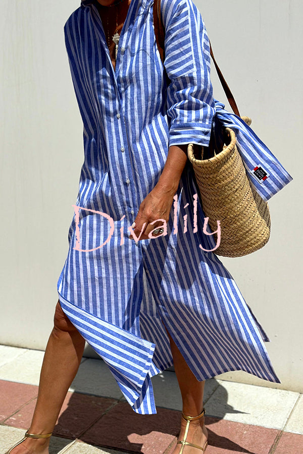 Summer Splendor Printed Button Half Sleeve Belt Loose Shirt Midi Dress