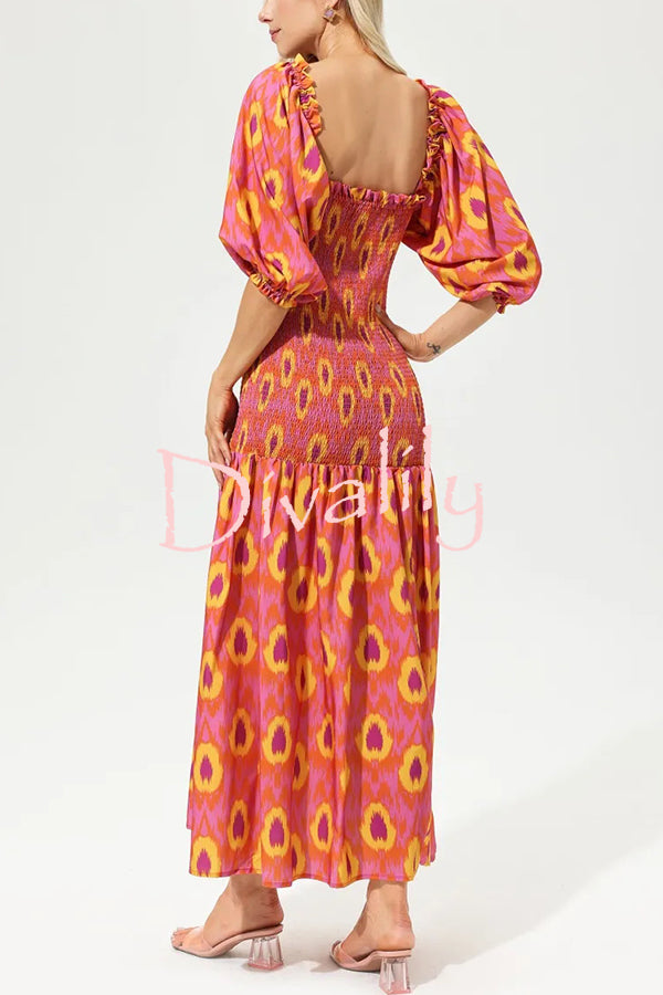 Venita Unique Printed Off Shoulder Balloon Sleeve Smocked Midi Dress