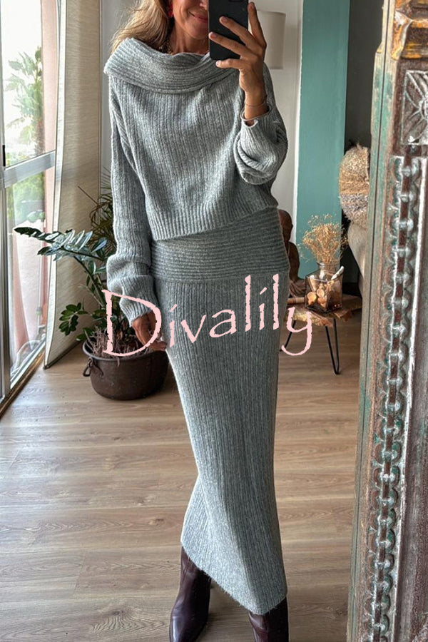 Luka Ribbed Knit Off Shoulder Long Sleeve Sweater and Stretch Maxi Skirt Set