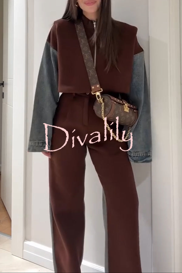 Sports Fashion Denim Patchwork Sweatshirt Fabric High Rise Pocket Loose Pants
