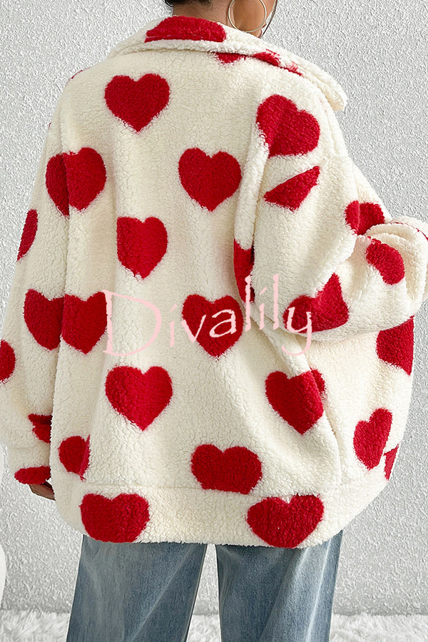 Fashion Plush Heart Print Loose Pocket Long Sleeve Zipper Jacket