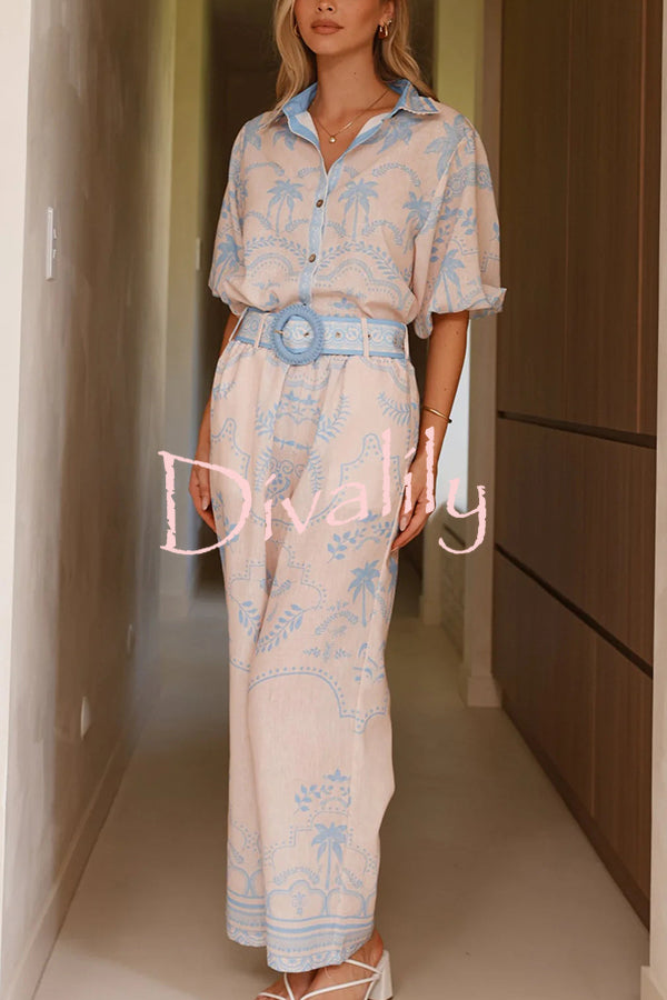 Linen Blend Lapel Puff Sleeve Loose Shirt and Casual Pocket Straight Pants Set