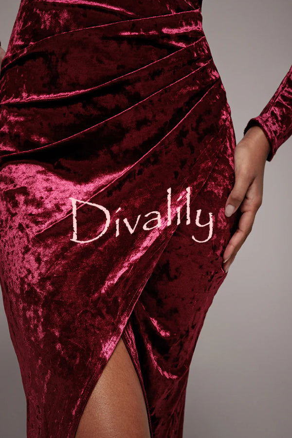 Solid Color Velvet Long-sleeved Slim-fit Slit Midi Dress