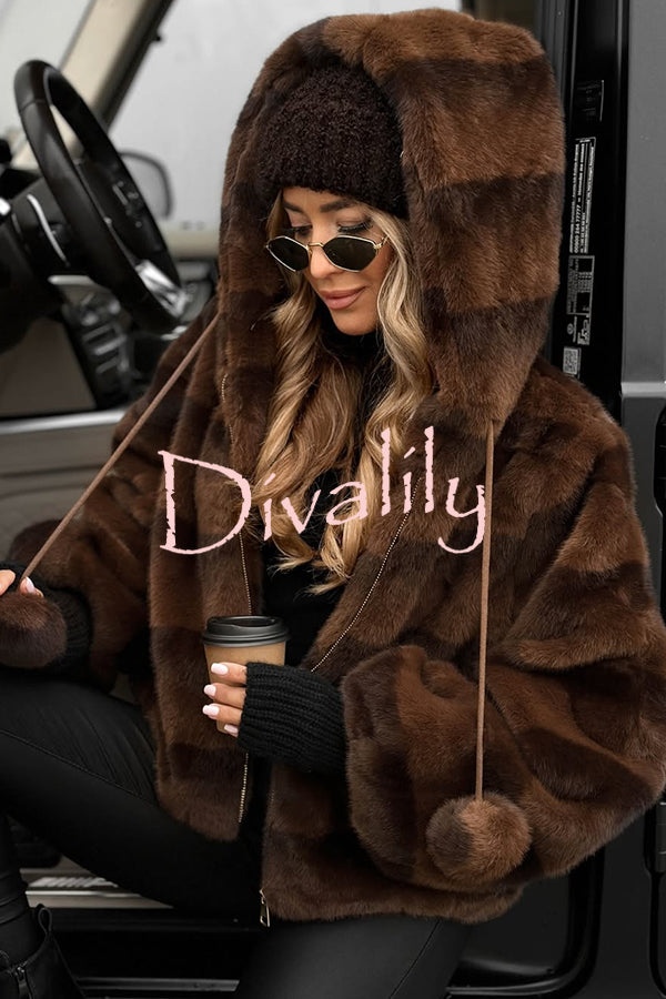 Winter Latte Gradient Print Ribbed Balloon Sleeve Hooded Loose Plush Coat