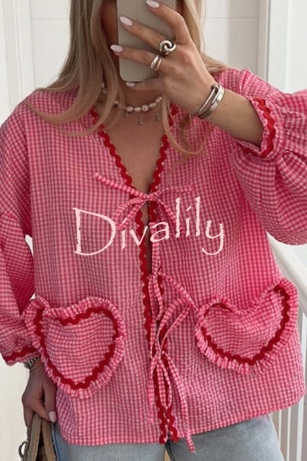 Lovely Plaid Heart Pattern Casual Lace-up Pocket Loose Shirt