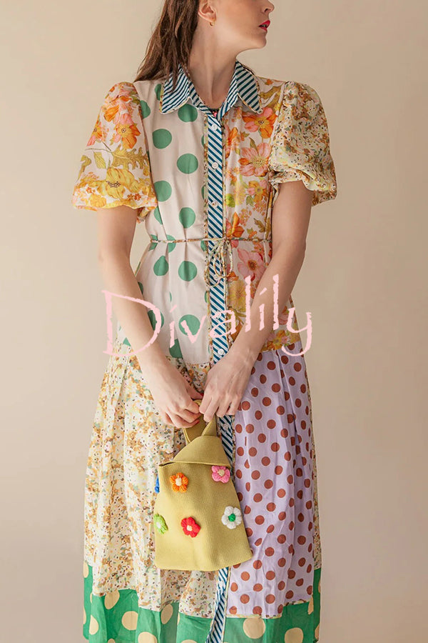 Linen Blend Unique Print Lapel Puff Sleeve Casual Midi Dress