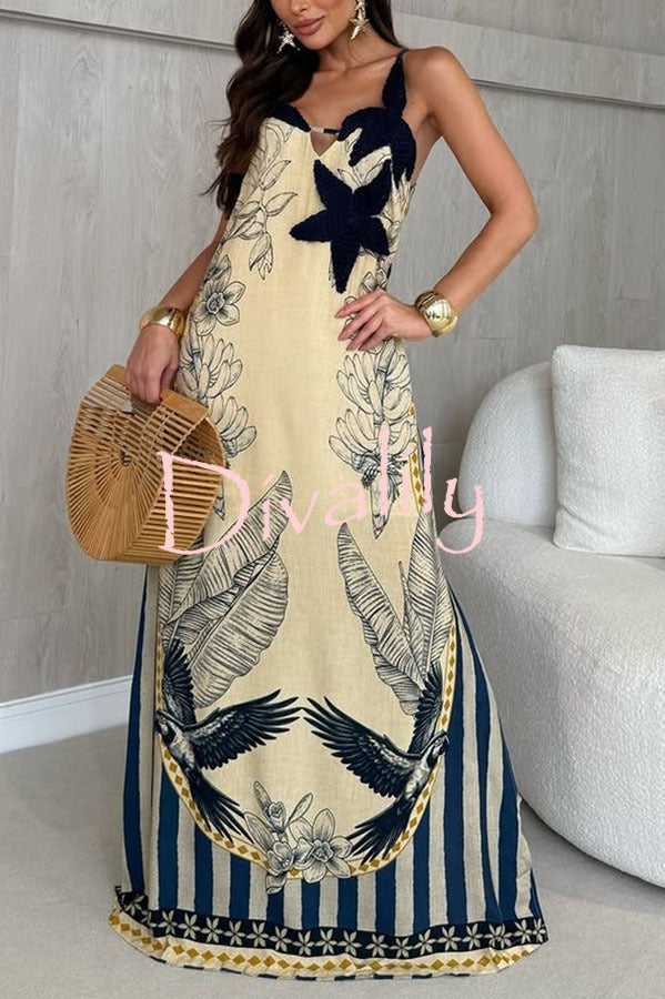 Esra Crochet Floral Linen Blend Unique Print Back Tassle Slit Maxi Dress
