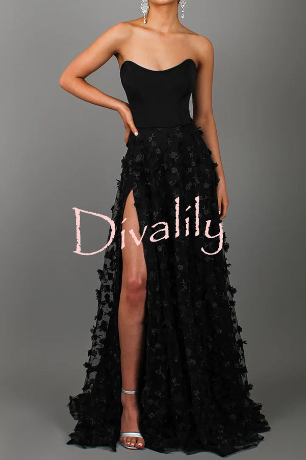 Daydream Off Shoulder Embroidered Tulle Floral Back Lace-up Prom Formal Maxi Dress