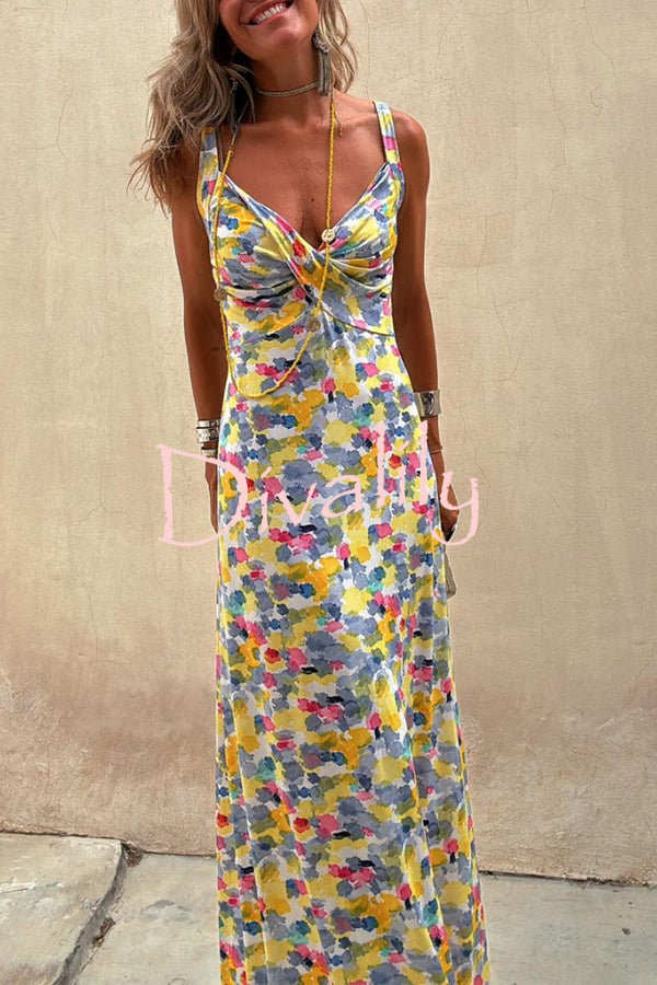 Flora Watercolor Print Crossover Neck Wide Straps Stretch Maxi Dress