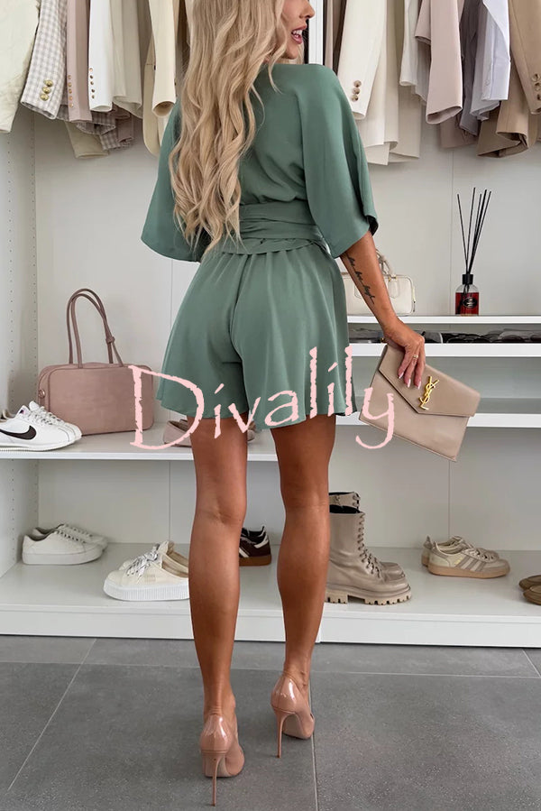 Stylish Comfortable V-neck Wide Sleeve Tie-up Loose Romper