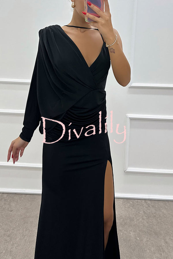 Like Venus One Shoulder Bat Sleeve Ruched Detail Slit Gown Maxi Dress