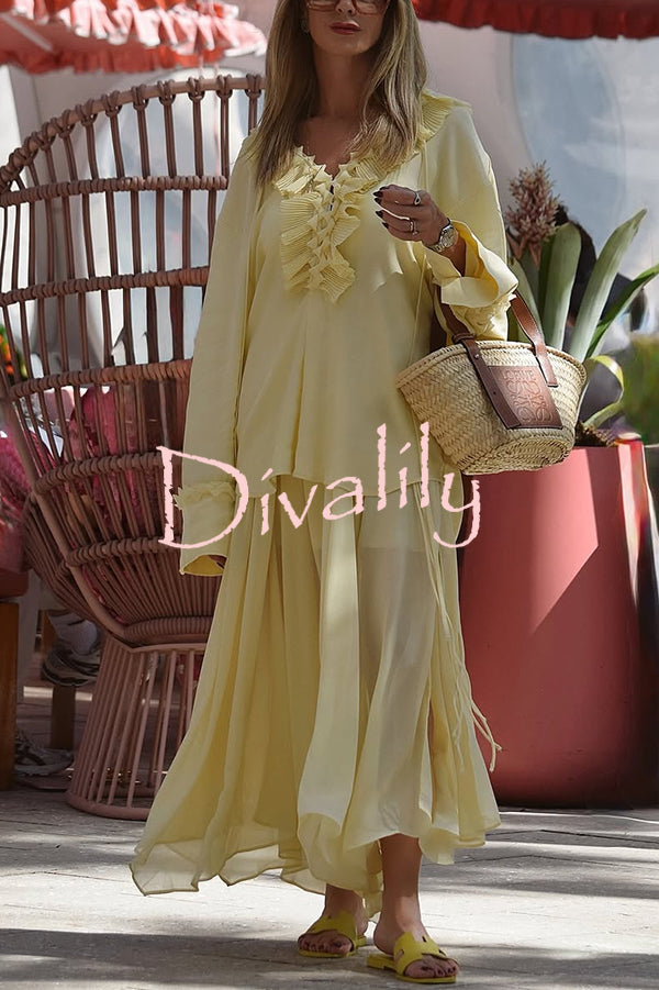 Solid Color Pleated Ruffled Tie Long Sleeve Loose Shirt