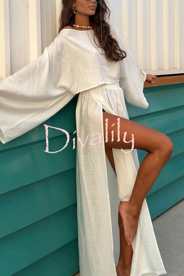 Seaside Leisure Linen Blend Solid Color Elastic Waist High Slit Maxi Skirt