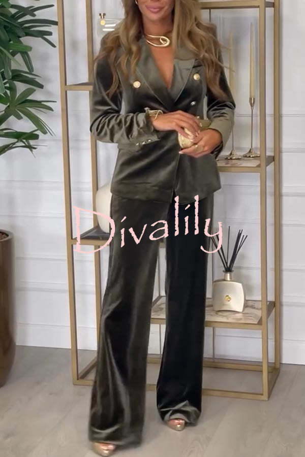 Guest of Honor Velvet Metal Button Lapel Blazer and Elastic Waist Pocketed Loose Pants Set